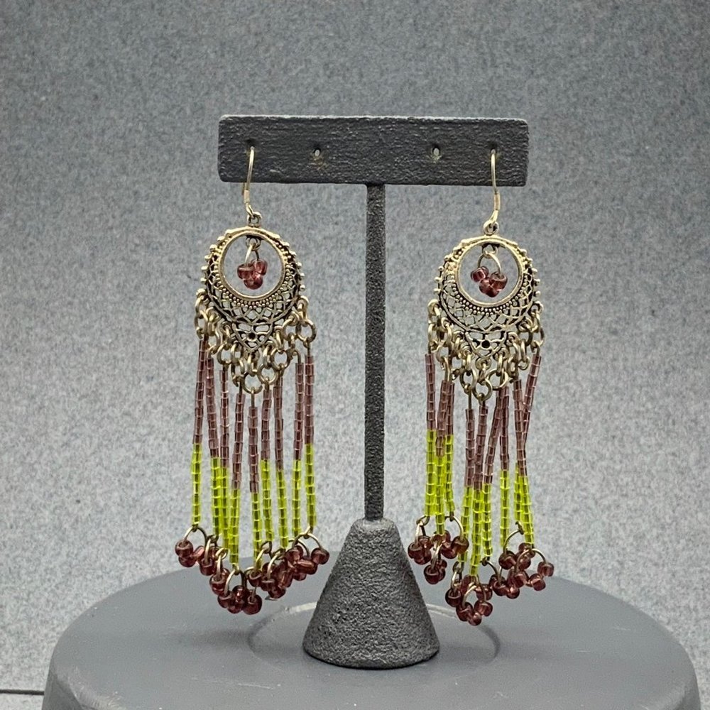 Purple Green Silver Earrings Pierced Mandala Fringe Dangle Seed Beads